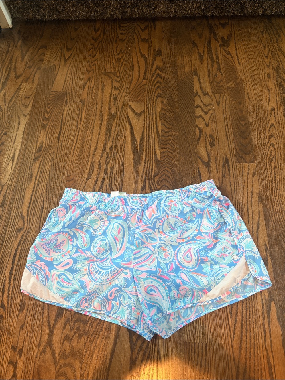 Lilly Pulitzer Luxletic Blue Paisley Athletic Shorts with Pink Accents